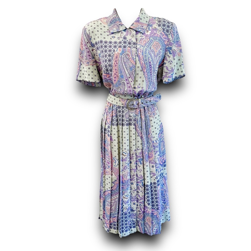 Leslie Fay Patchwork Print Dress Vintage Belted Pleated Skirt Women’s Size 10 - Picture 1 of 12
